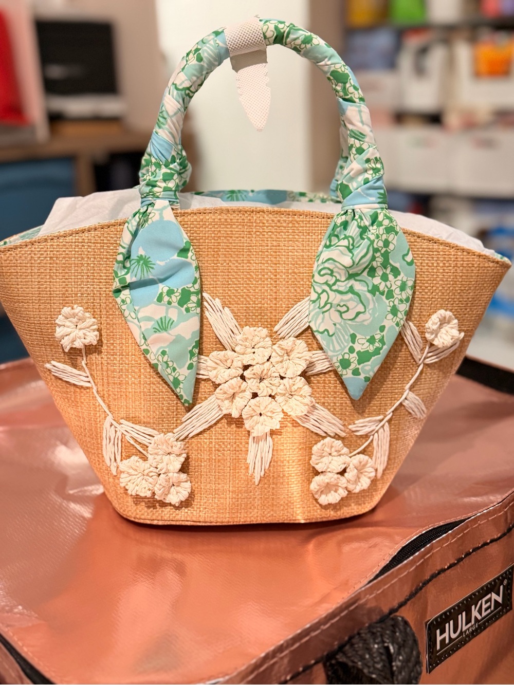 Lilly Pulitzer Natural Straw Mini Tote Bag with Green Floral Scarf Bursts of Joy - Picture 4 of 8
